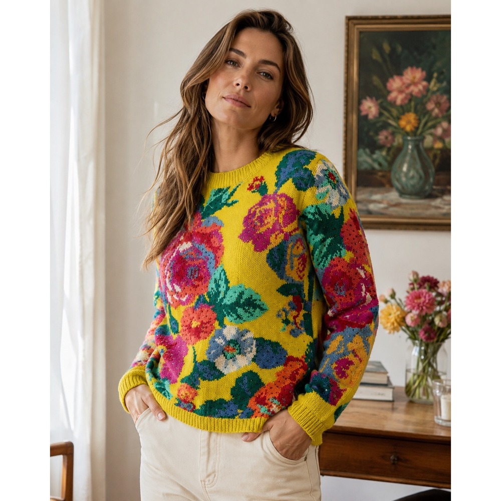 Adrienne Vittadini Yellow Floral Beaded Cotton Knit Sweater Petite P Vintage